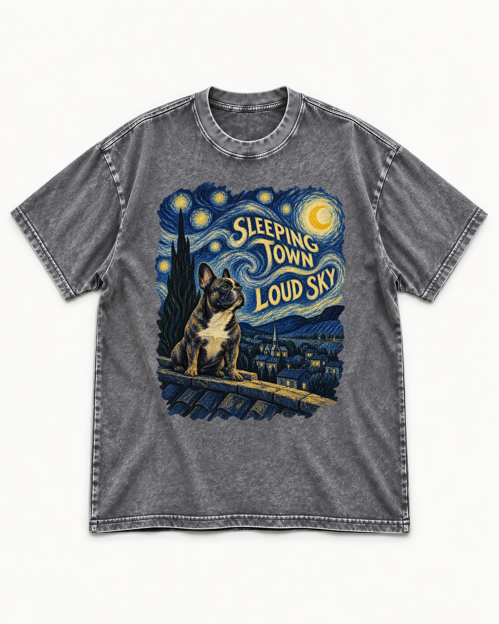 Frenchie Sleeping Town Loud Sky Rooftop Graphic Washed Tee in Gray, flat lay product photo