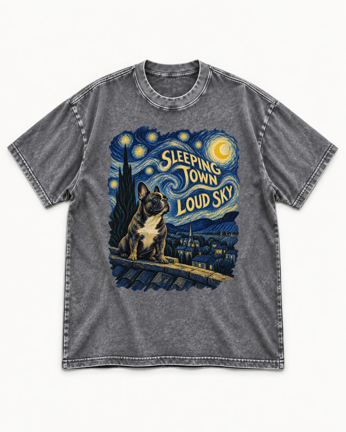 Frenchie Sleeping Town Loud Sky Rooftop Graphic Washed Tee in Gray, flat lay product photo