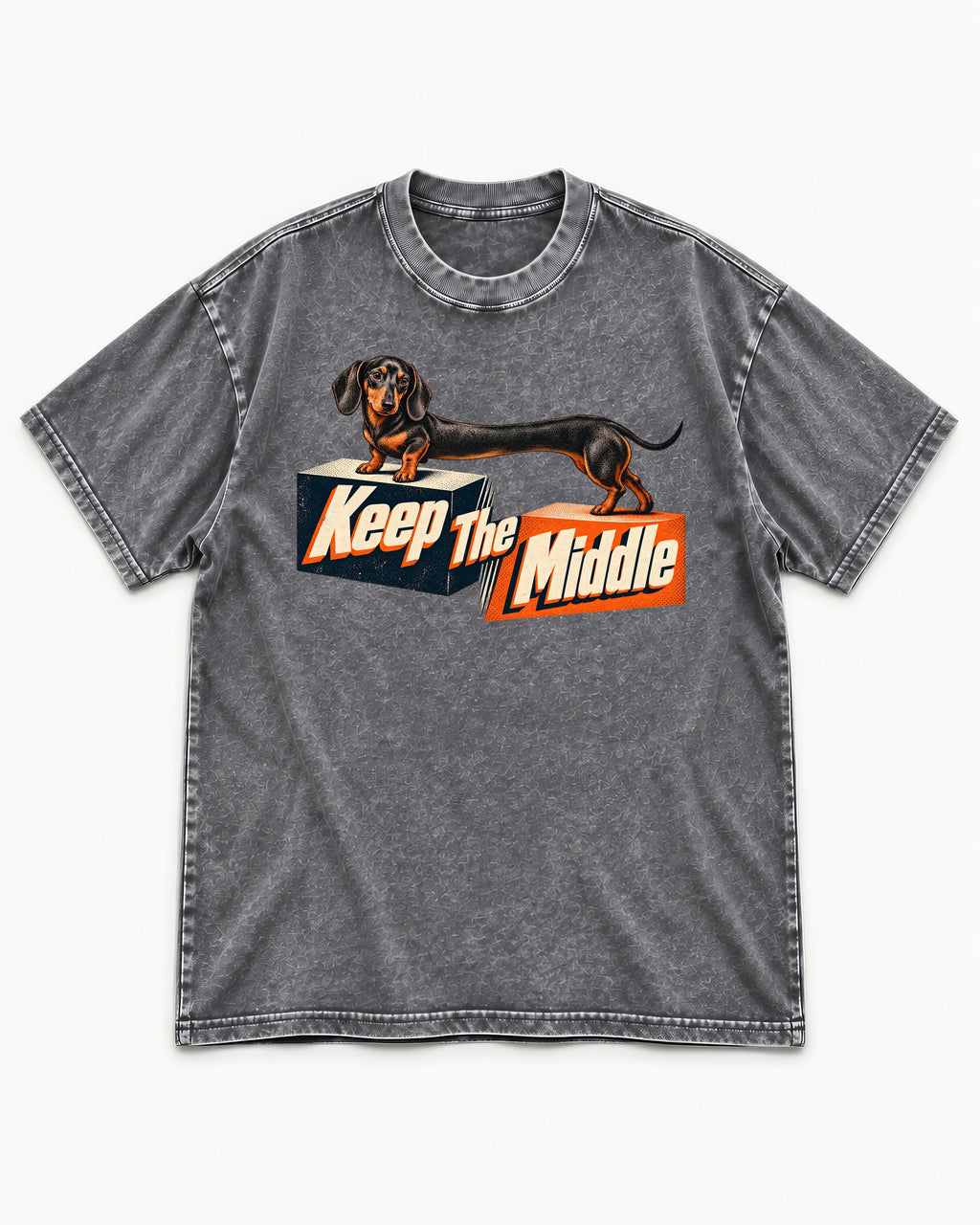 Dachshund Keep The Middle Block Bridge Graphic Washed Tee in Gray, flat lay product photo