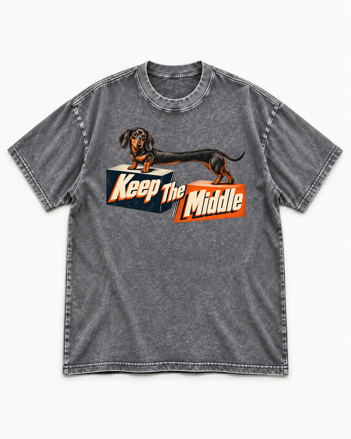 Dachshund Keep The Middle Block Bridge Graphic Washed Tee in Gray, flat lay product photo