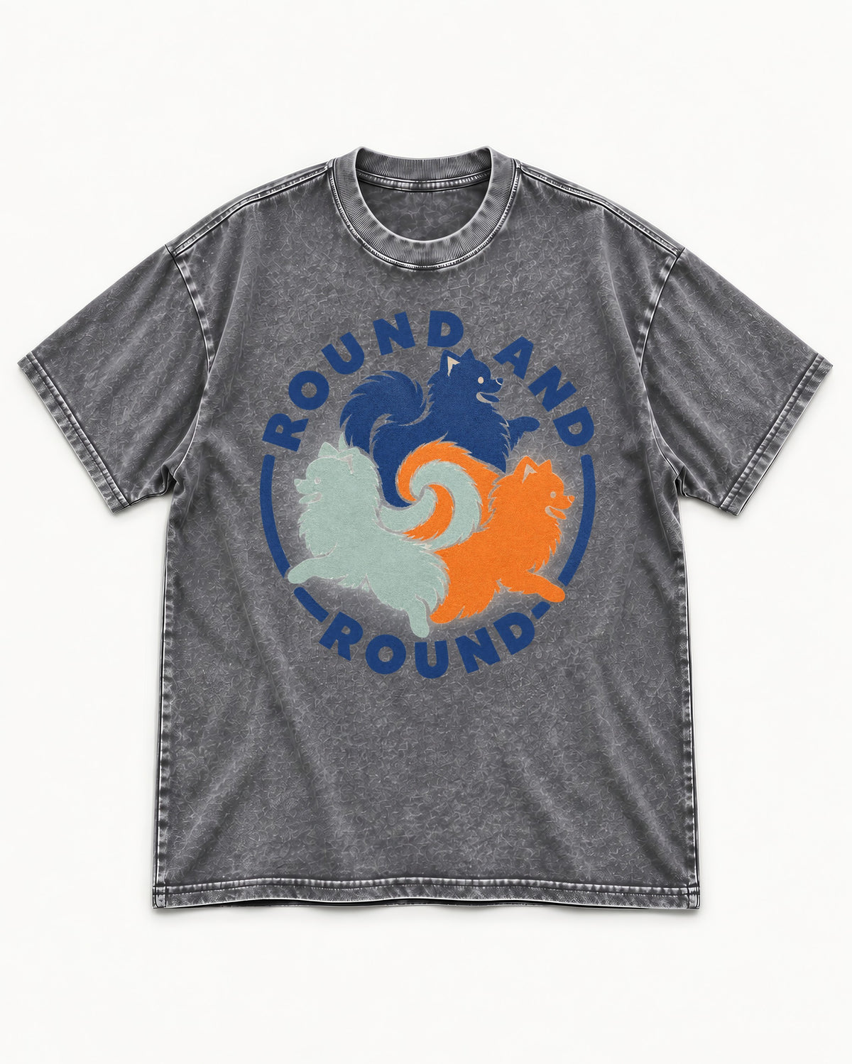Pomeranian Round and Round Washed Tee in Gray, flat lay product photo