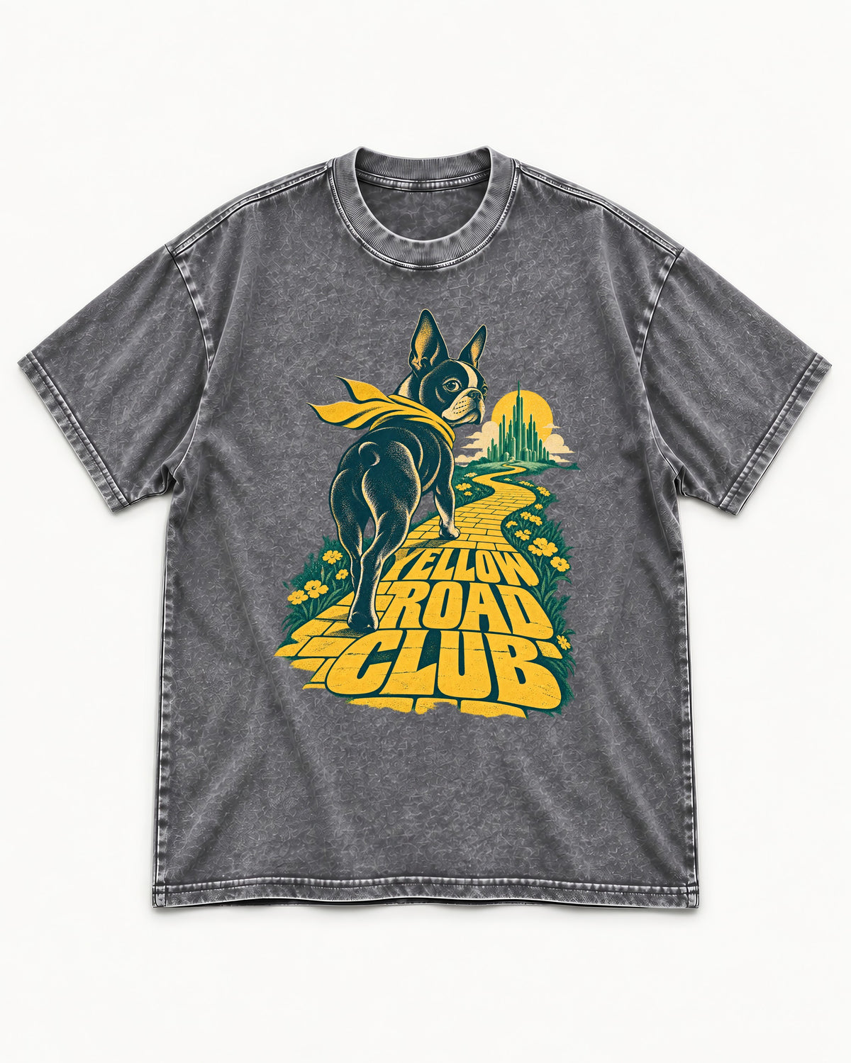 Boston Terrier Yellow Road Club Washed Tee in Gray, flat lay product photo