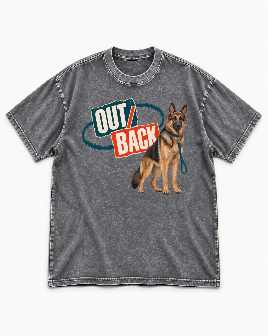 Out Back Leash German Shepherd Dog Graphic Washed Tee in Gray, flat lay product photo