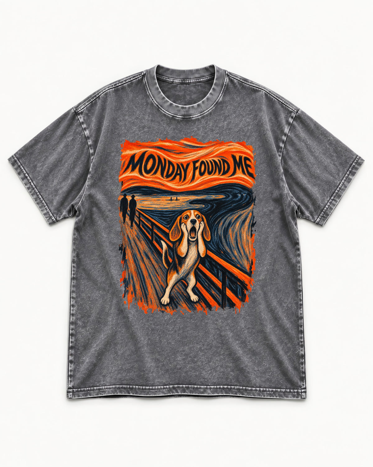 Monday Found Me Beagle Scream Scene Washed Tee in Gray, flat lay product photo