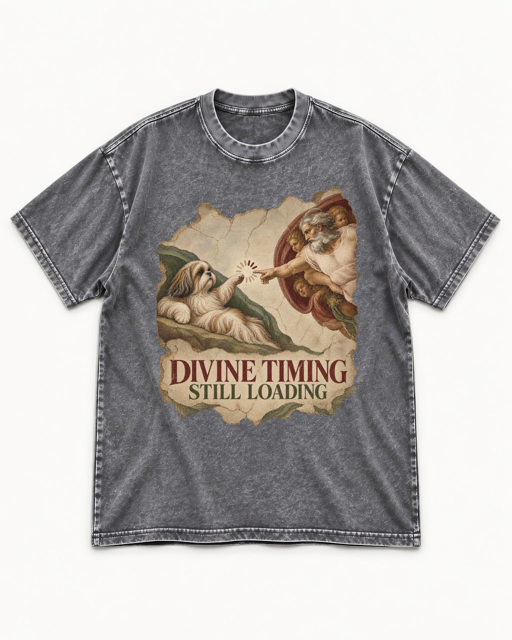 Shih Tzu Divine Timing Still Loading Renaissance Parody Graphic Washed Tee in Gray, flat lay product photo