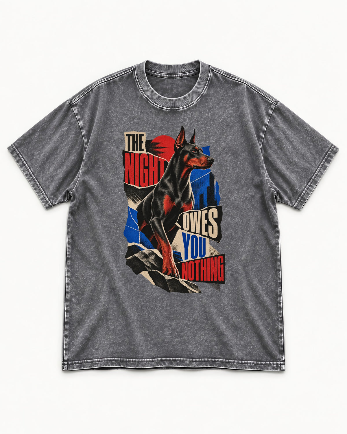 Night Owes You Nothing Doberman Washed Tee in Gray, flat lay product photo