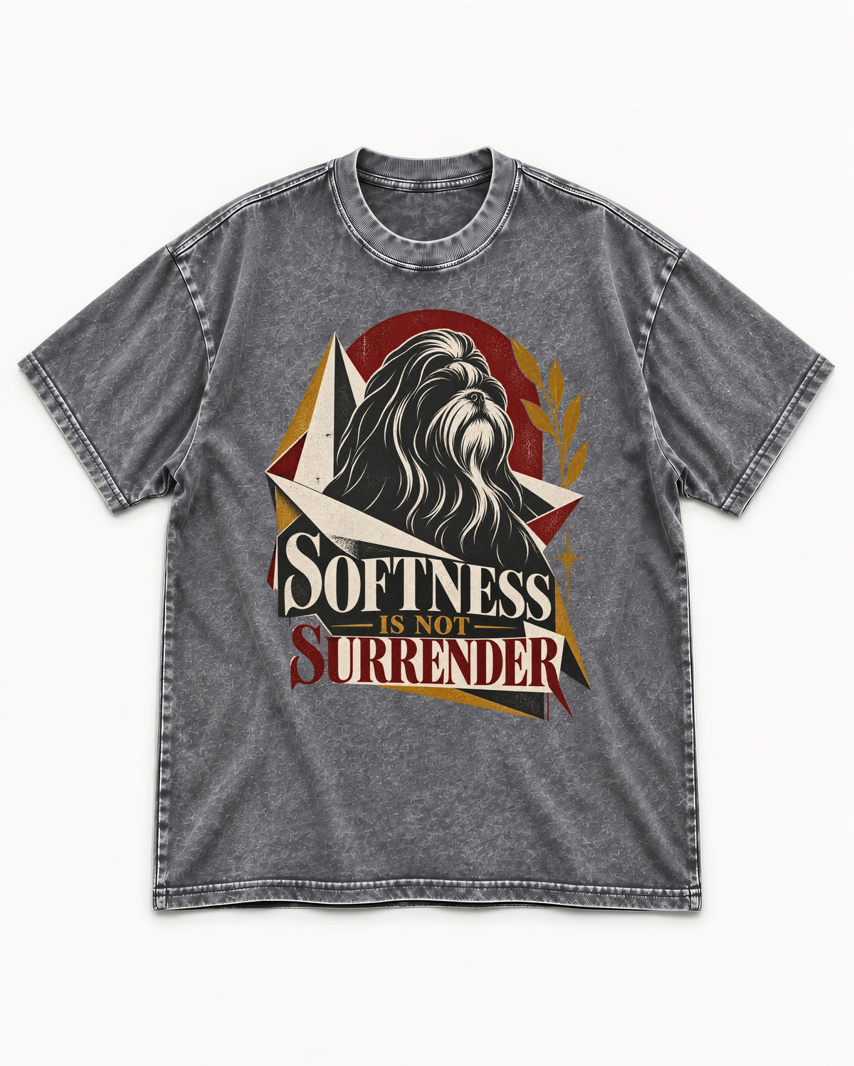 Shih Tzu Softness Is Not Surrender Washed Tee in Gray, flat lay product photo