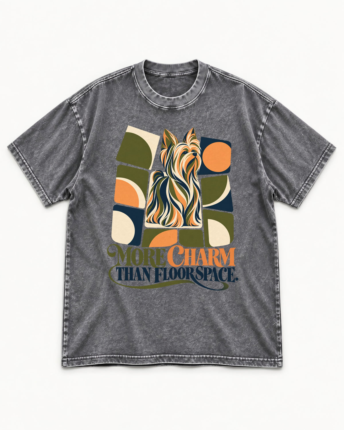 Yorkshire Terrier More Charm Than Space Washed Tee in Gray, flat lay product photo