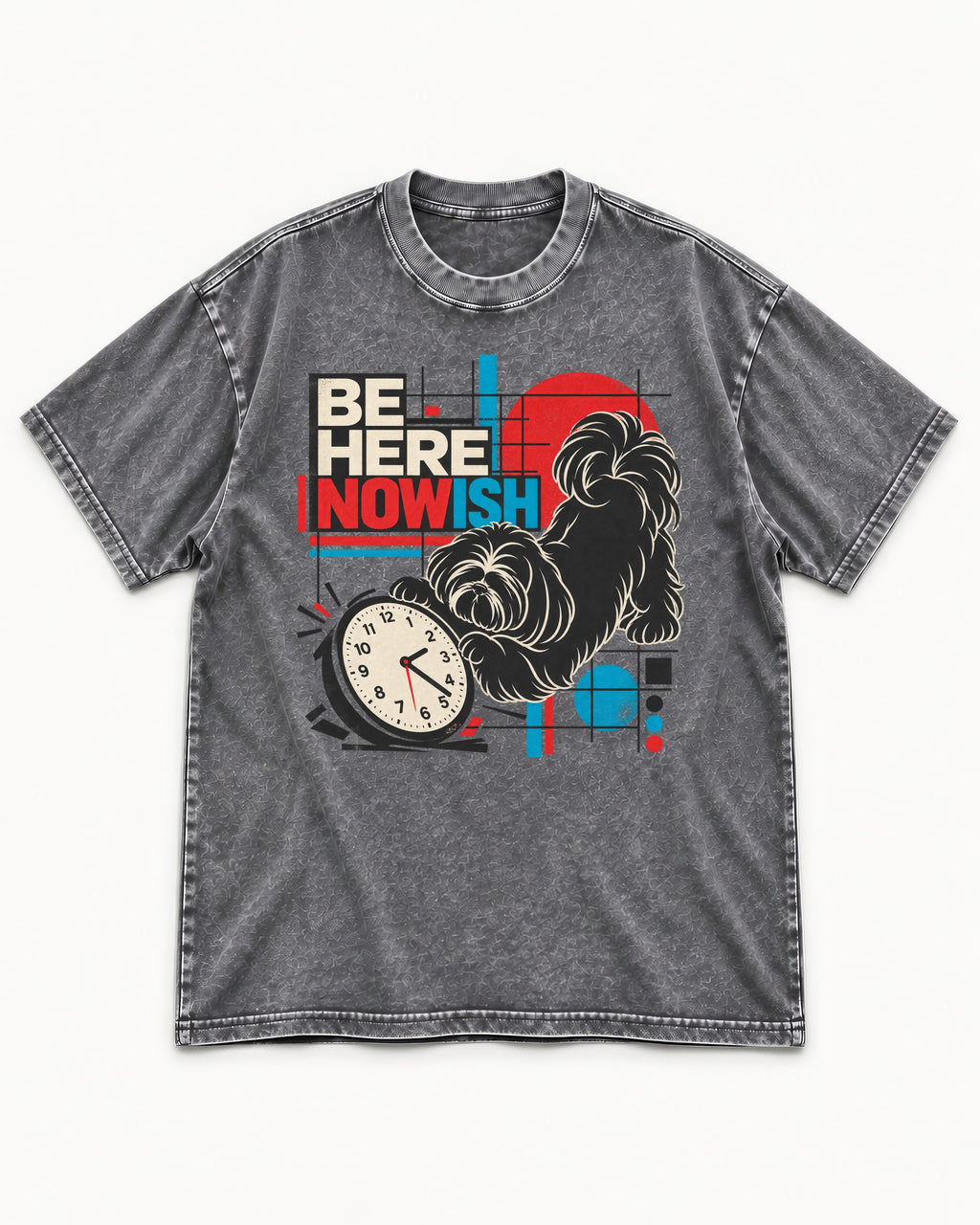 Be Here Nowish Shih Tzu Washed Tee in Gray, flat lay product photo