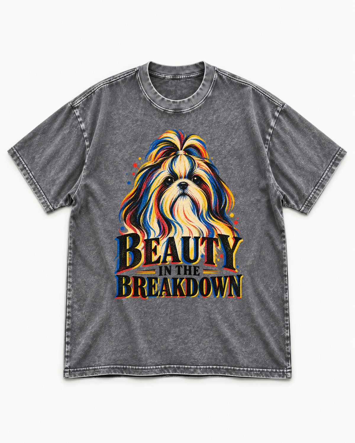 Shih Tzu Beauty in the Breakdown Washed Tee in Gray, flat lay product photo