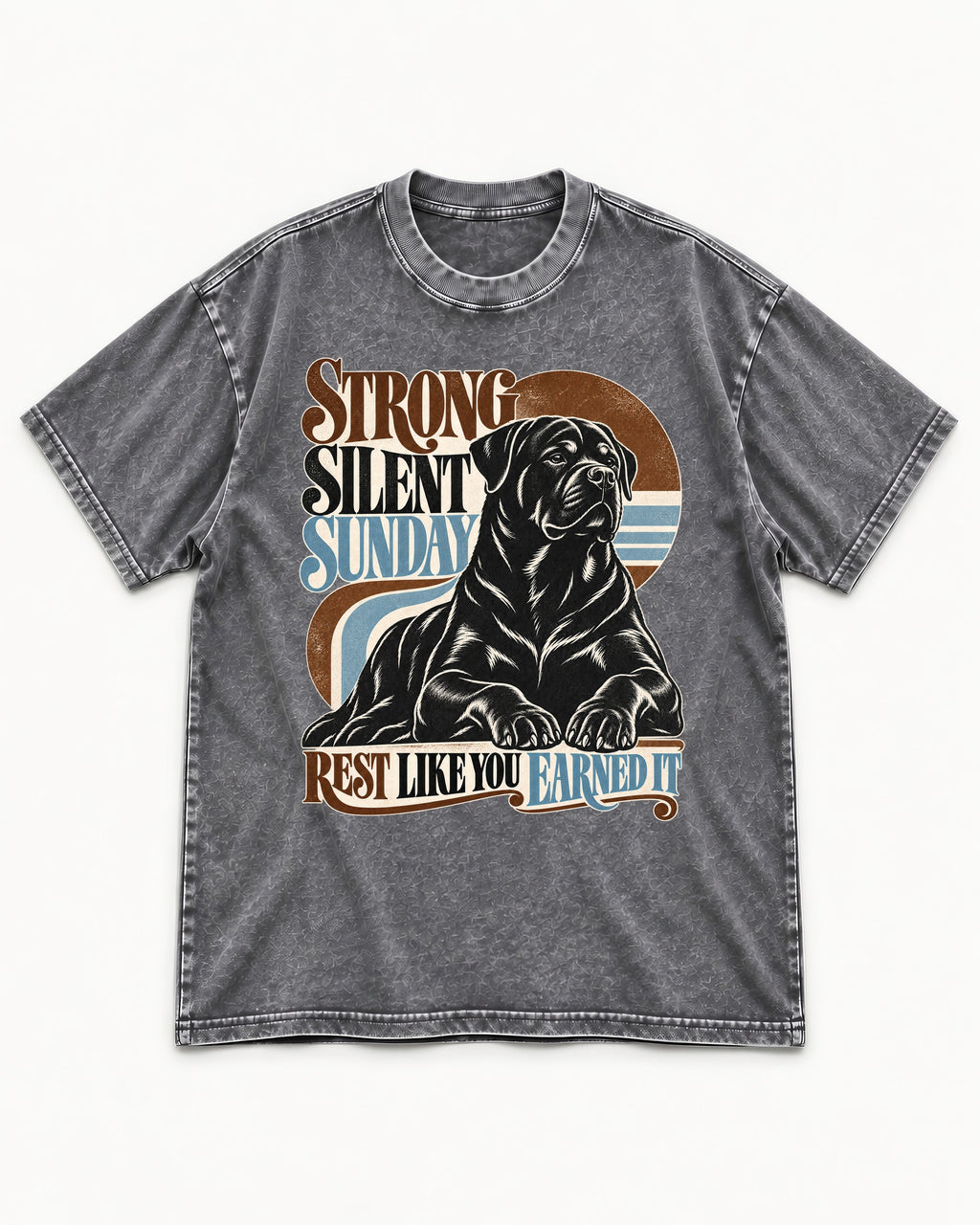 Strong Silent Sunday Rottweiler Washed Tee in Gray, flat lay product photo