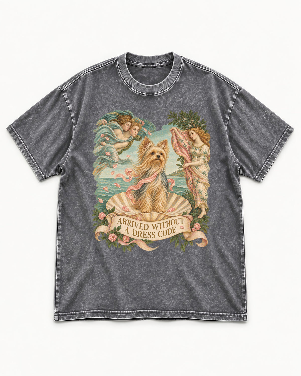 Yorkshire Terrier Arrived Without a Dress Code Venus Graphic Washed Tee in Gray, flat lay product photo
