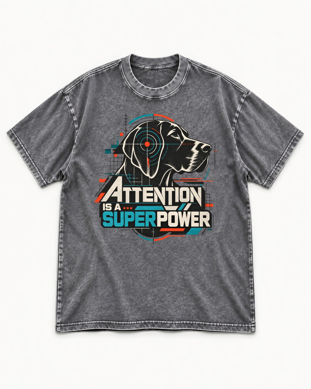 German Shorthaired Pointer Attention Is a Superpower Washed Tee in Gray, flat lay product photo