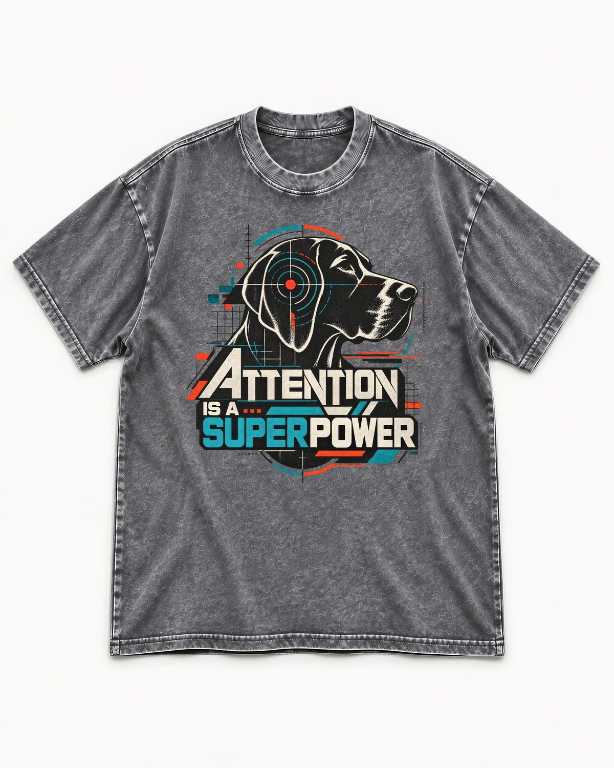 German Shorthaired Pointer Attention Is a Superpower Washed Tee in Gray, flat lay product photo