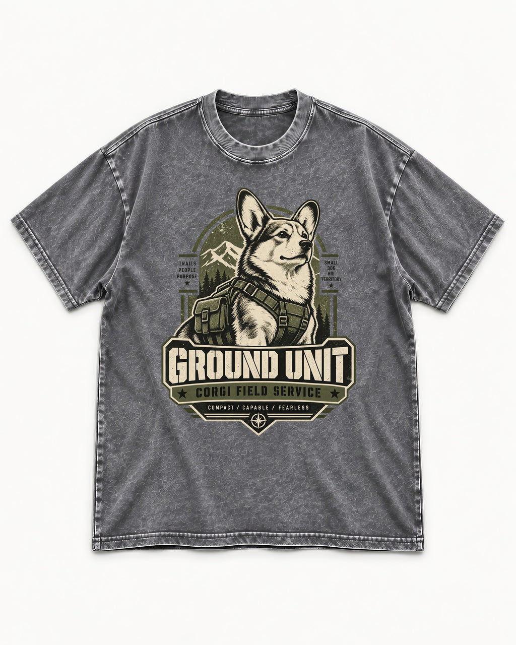 Corgi Ground Unit Field Service Badge Washed Tee in Gray, flat lay product photo