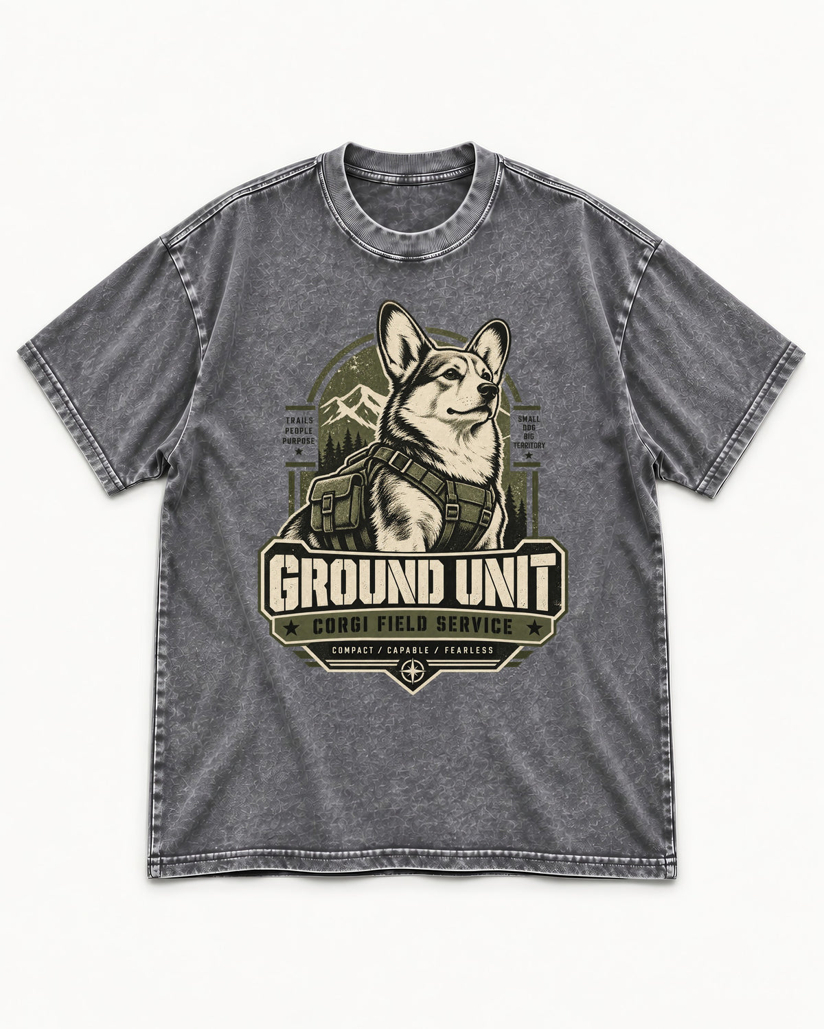 Corgi Ground Unit Field Service Badge Washed Tee in Gray, flat lay product photo