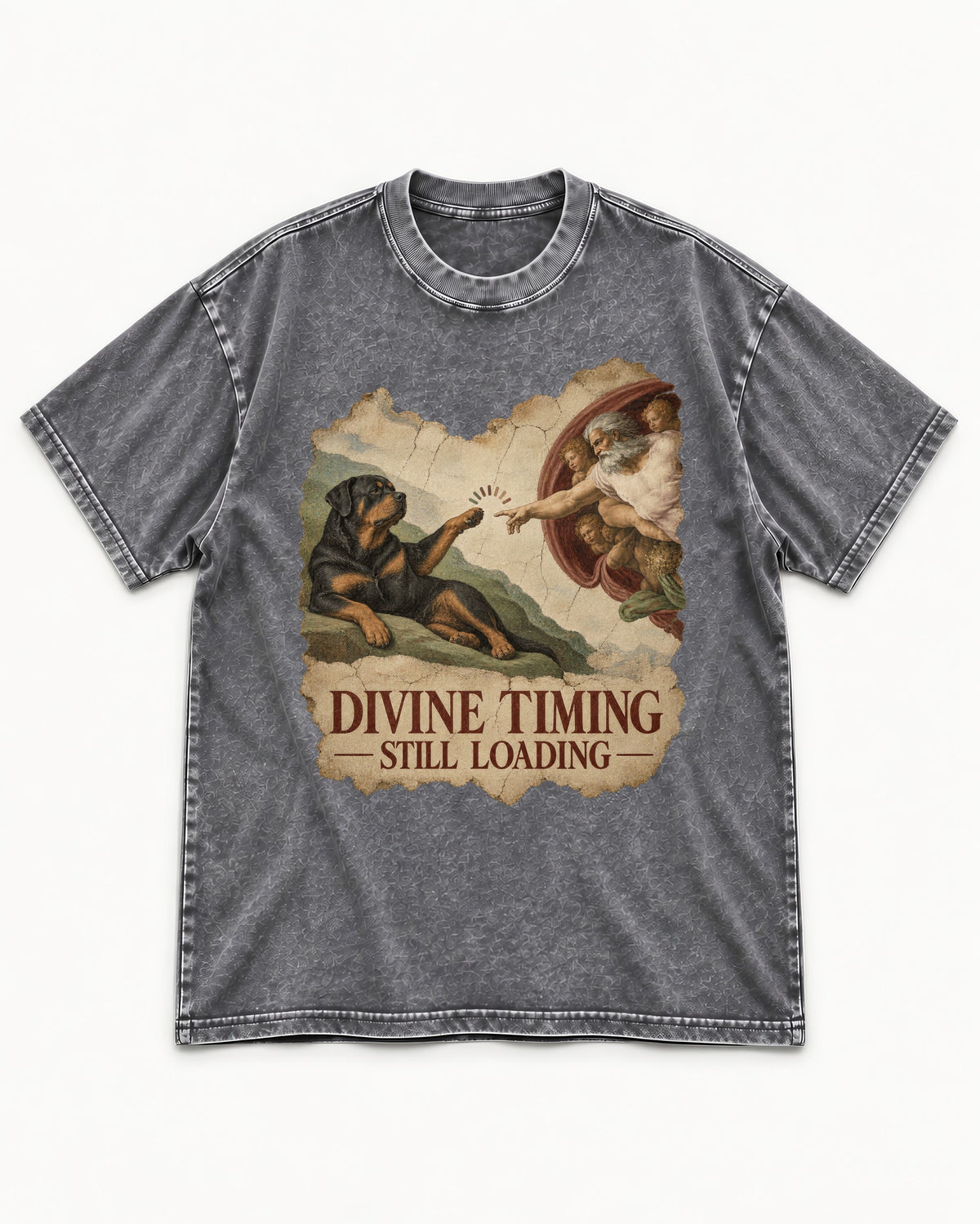 Rottweiler Divine Timing Still Loading Creation Parody Graphic Washed Tee in Gray, flat lay product photo