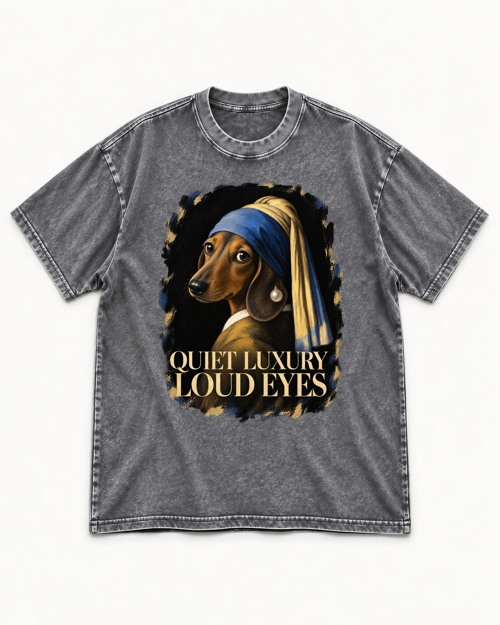 Dachshund Quiet Luxury Loud Eyes Pearl Portrait Graphic Washed Tee in Gray, flat lay product photo