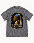 Dachshund Quiet Luxury Loud Eyes Pearl Portrait Graphic Washed Tee in Gray, flat lay product photo