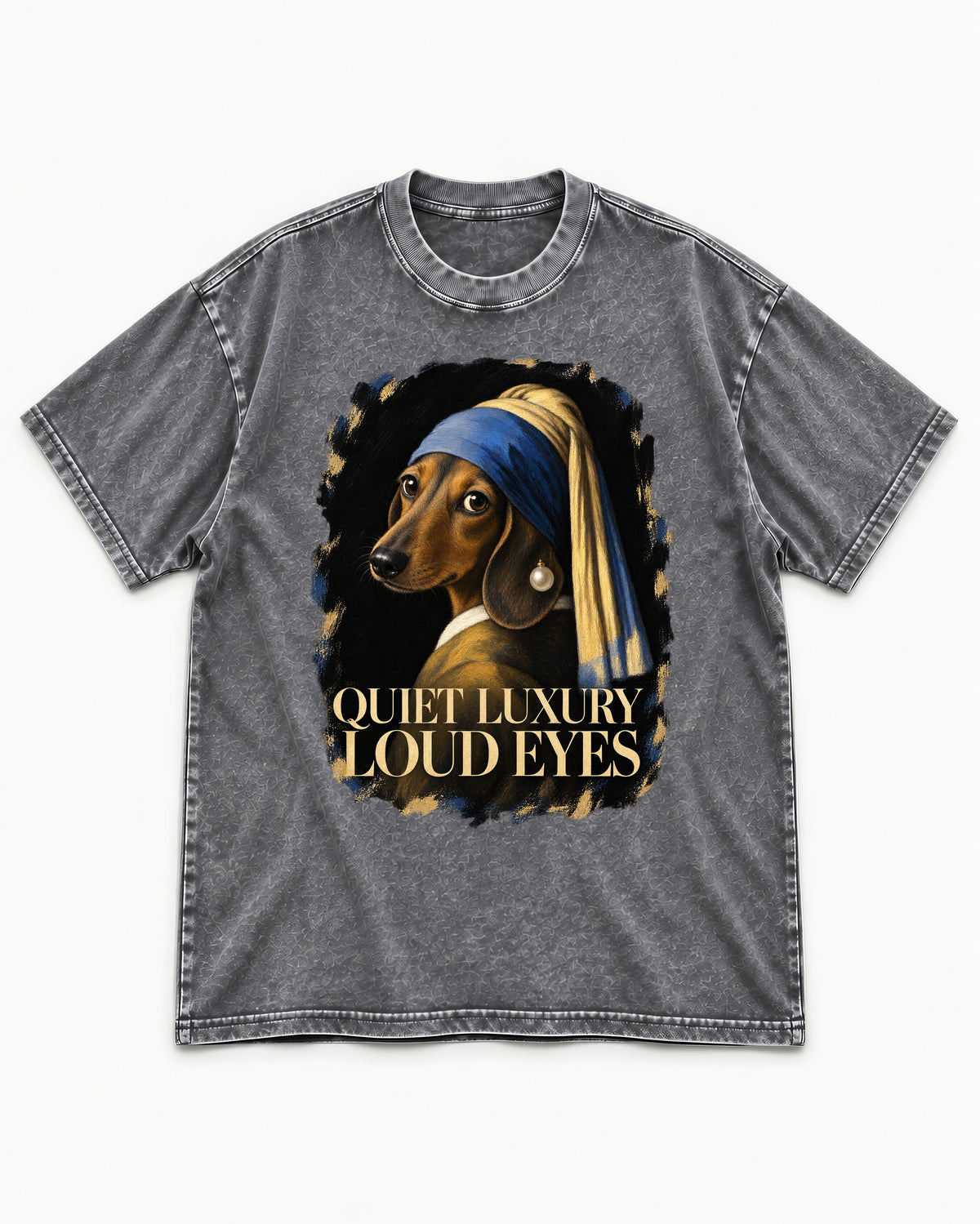 Dachshund Quiet Luxury Loud Eyes Pearl Portrait Graphic Washed Tee in Gray, flat lay product photo