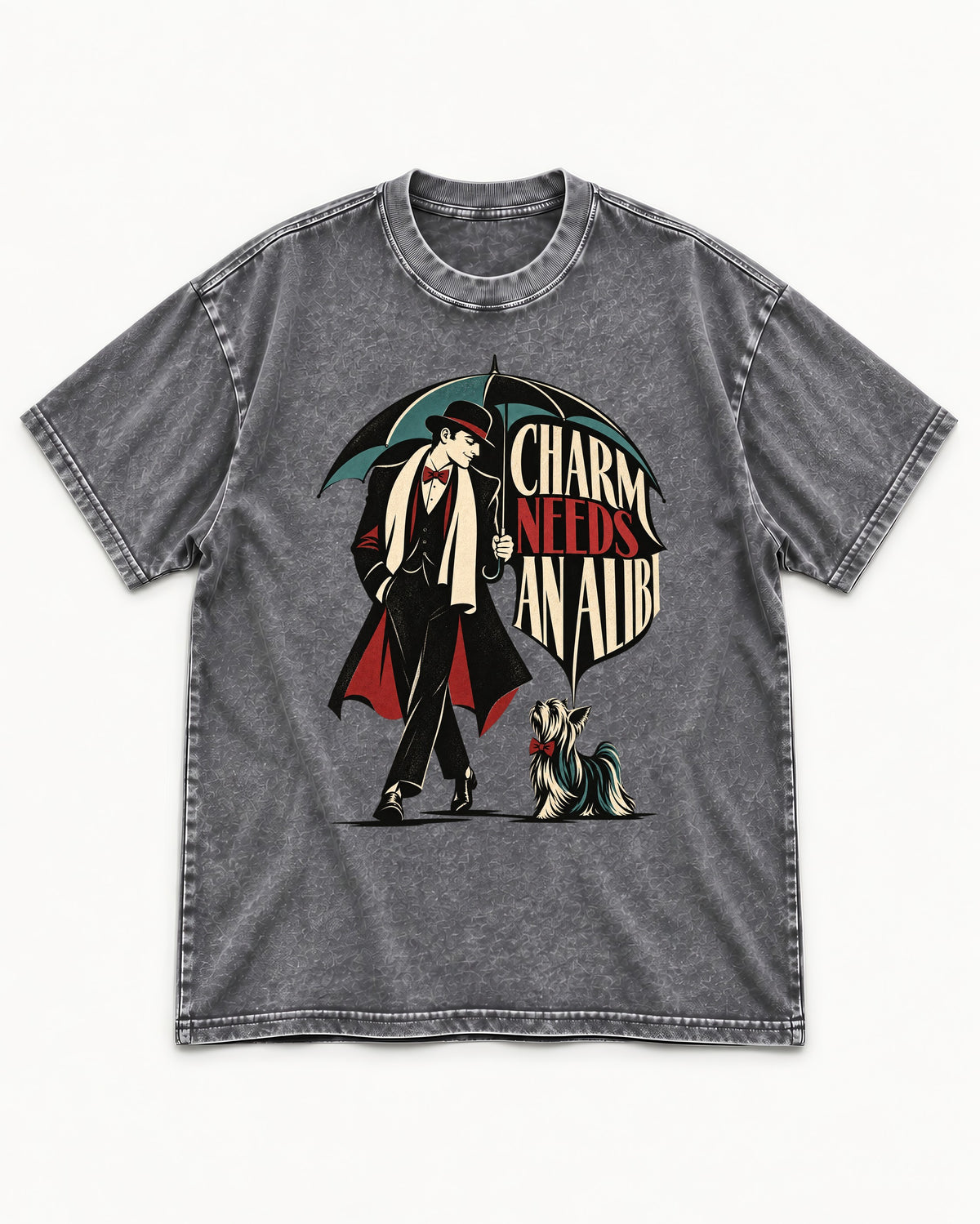 Charm Needs an Alibi Yorkshire Terrier Washed Tee in Gray, flat lay product photo