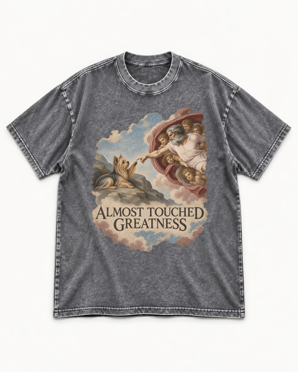 Yorkshire Terrier Almost Touched Greatness Creation Parody Graphic Washed Tee in Gray, flat lay product photo