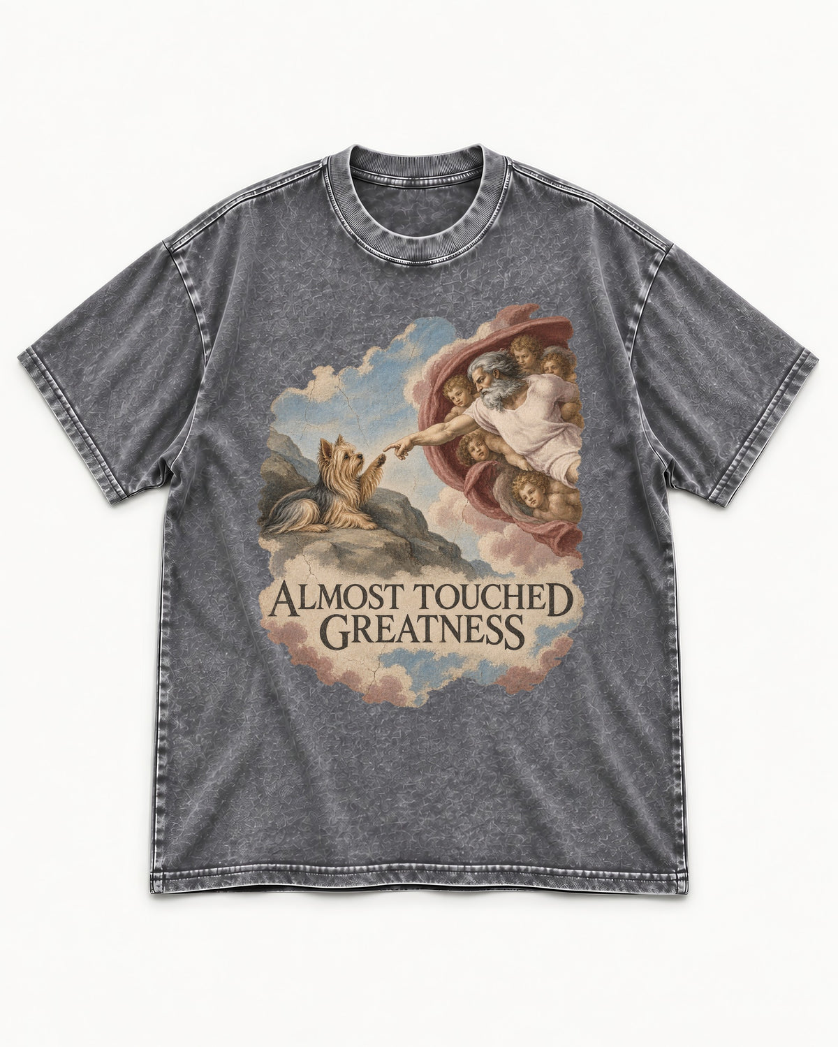 Yorkshire Terrier Almost Touched Greatness Creation Parody Graphic Washed Tee in Gray, flat lay product photo