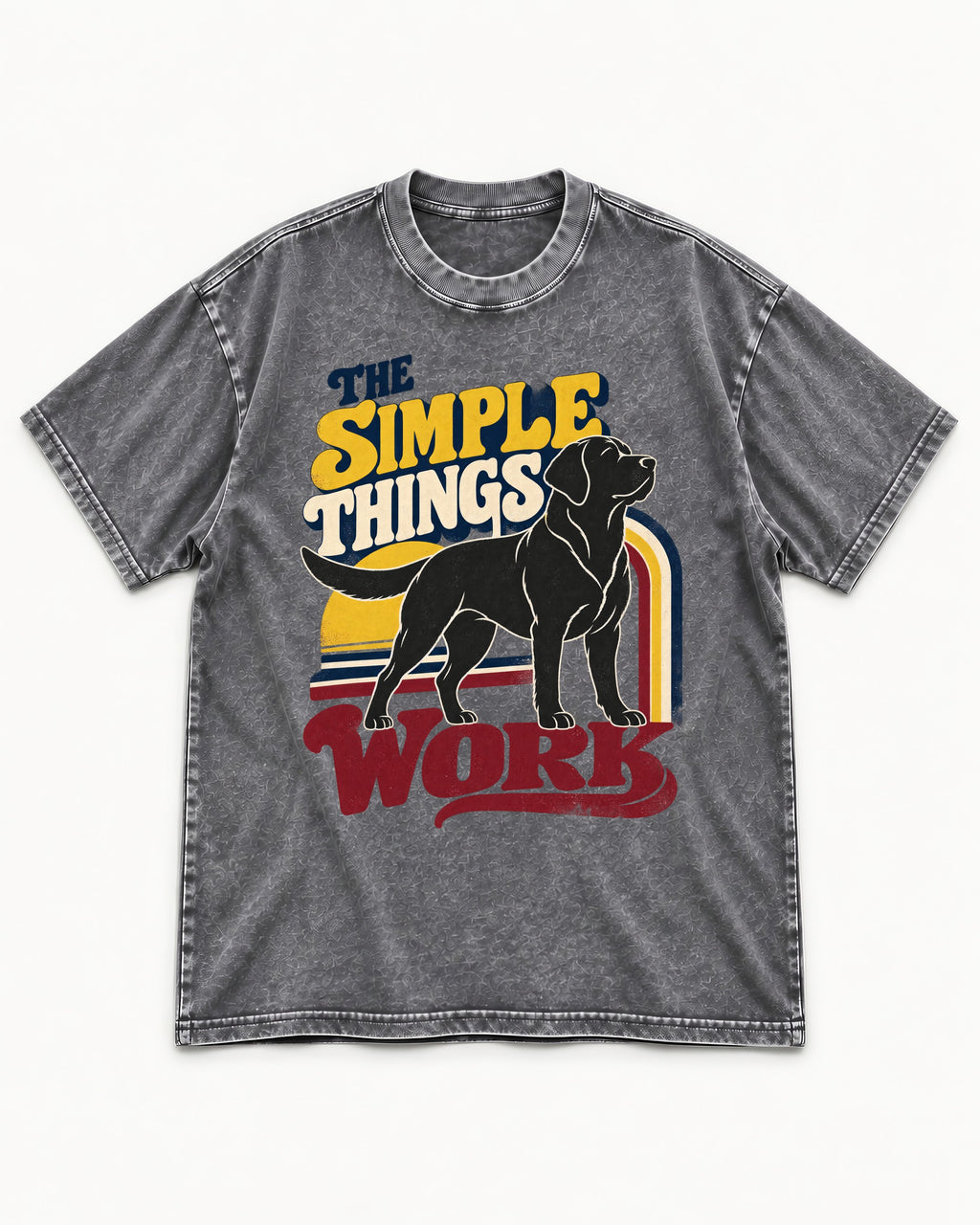 The Simple Things Work Labrador Retriever Washed Tee in Gray, flat lay product photo