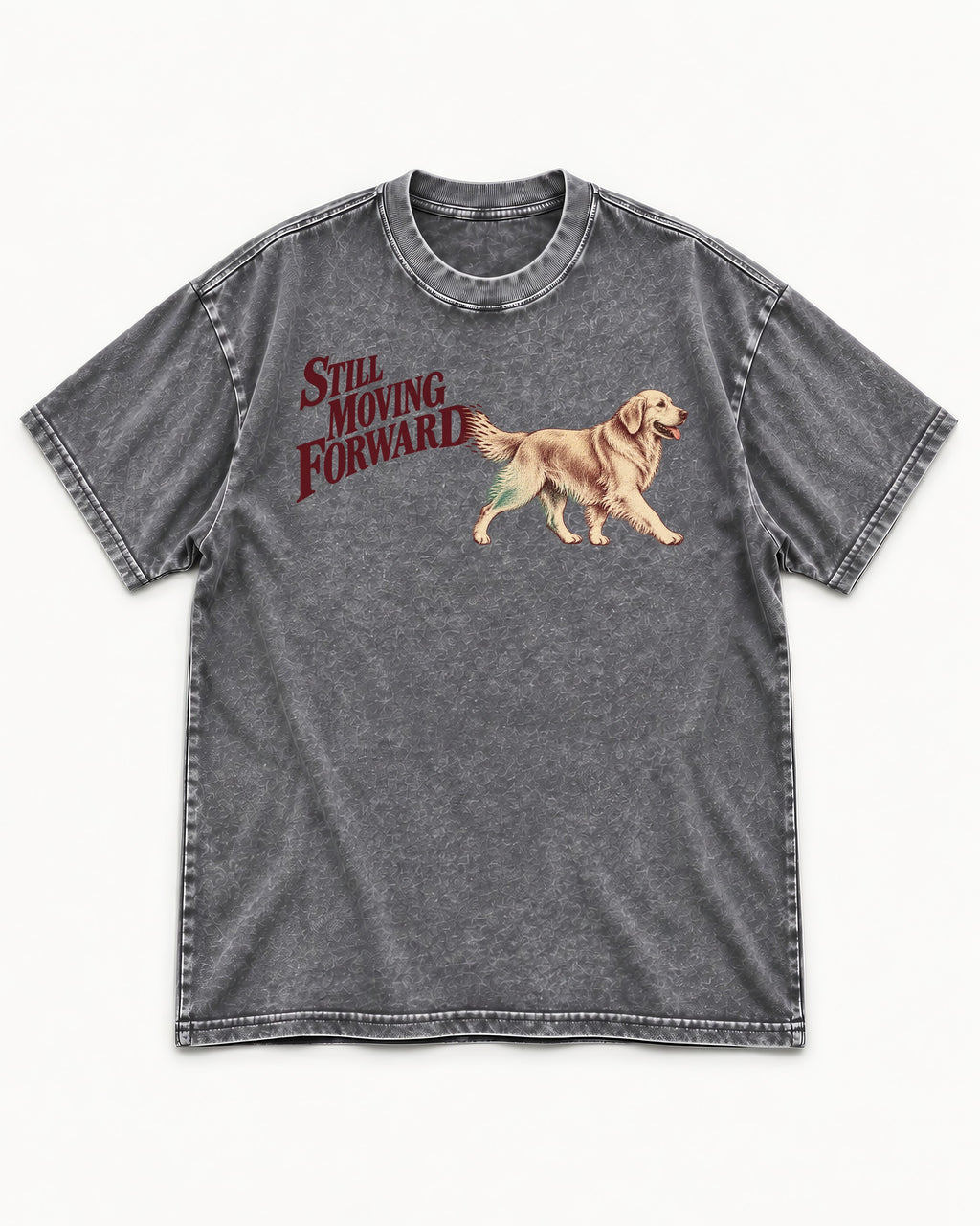 Golden Retriever Still Moving Forward Washed Tee in Gray, flat lay product photo