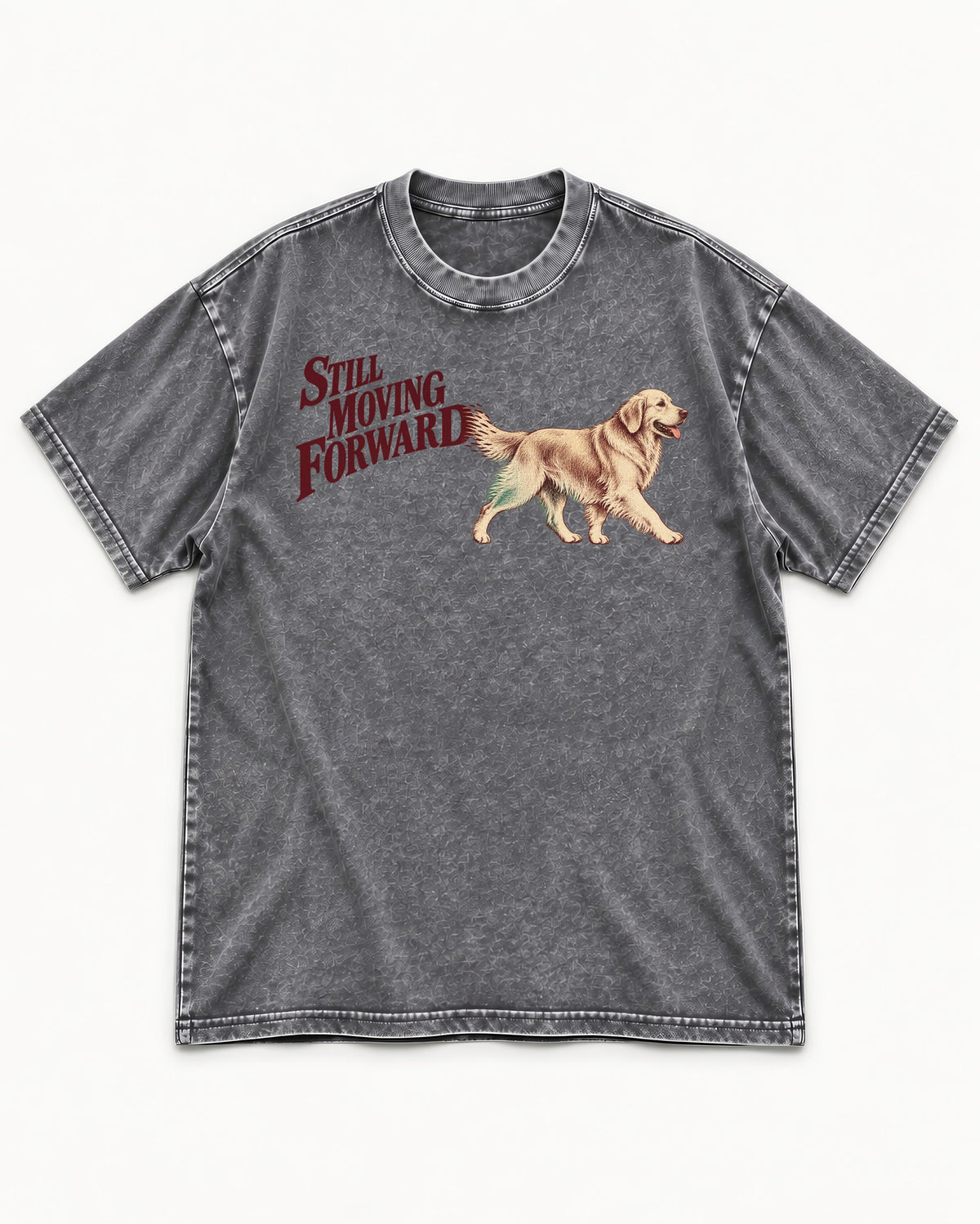 Golden Retriever Still Moving Forward Washed Tee in Gray, flat lay product photo