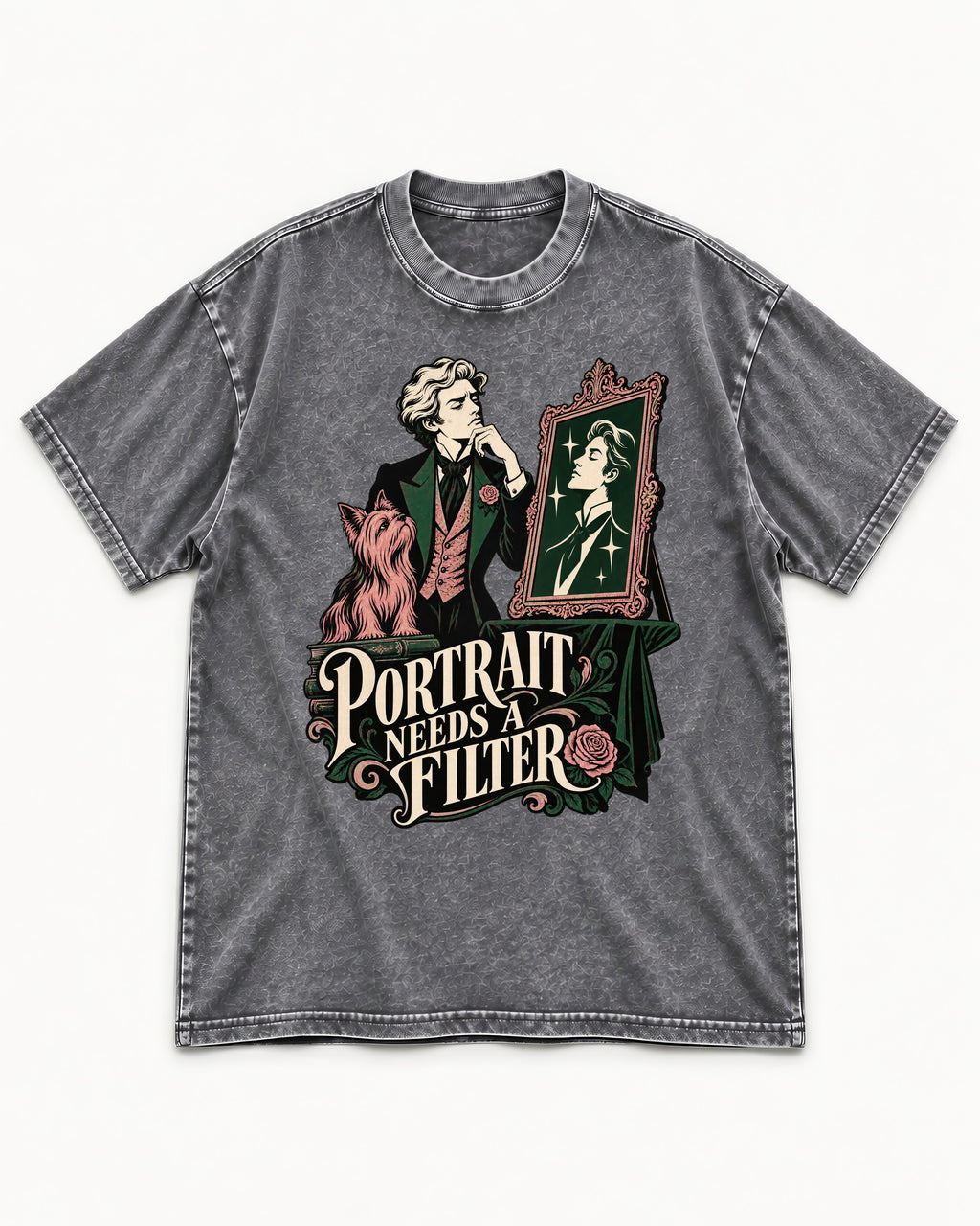 Yorkshire Terrier Needs a Filter Washed Tee in Gray, flat lay product photo