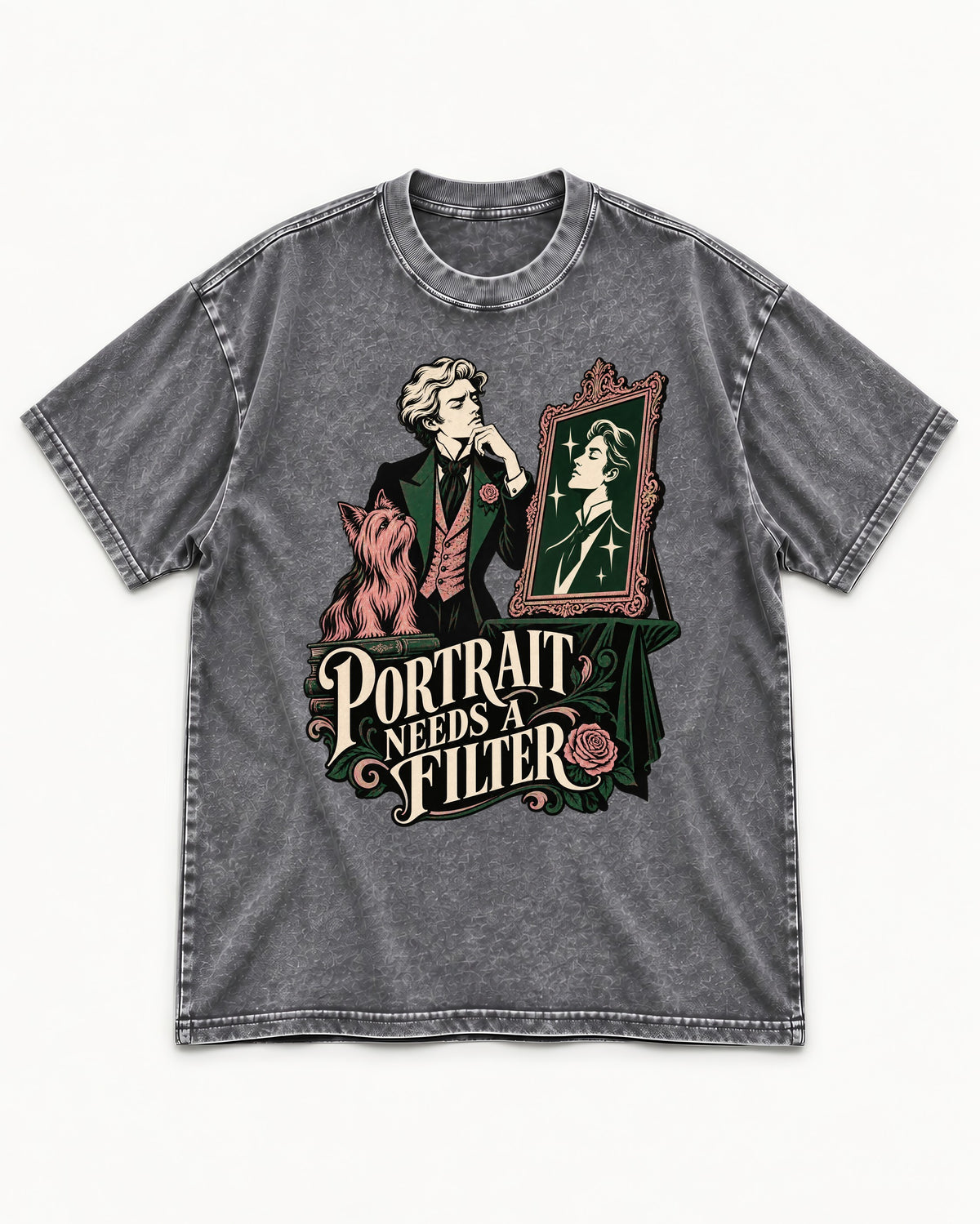 Yorkshire Terrier Needs a Filter Washed Tee in Gray, flat lay product photo