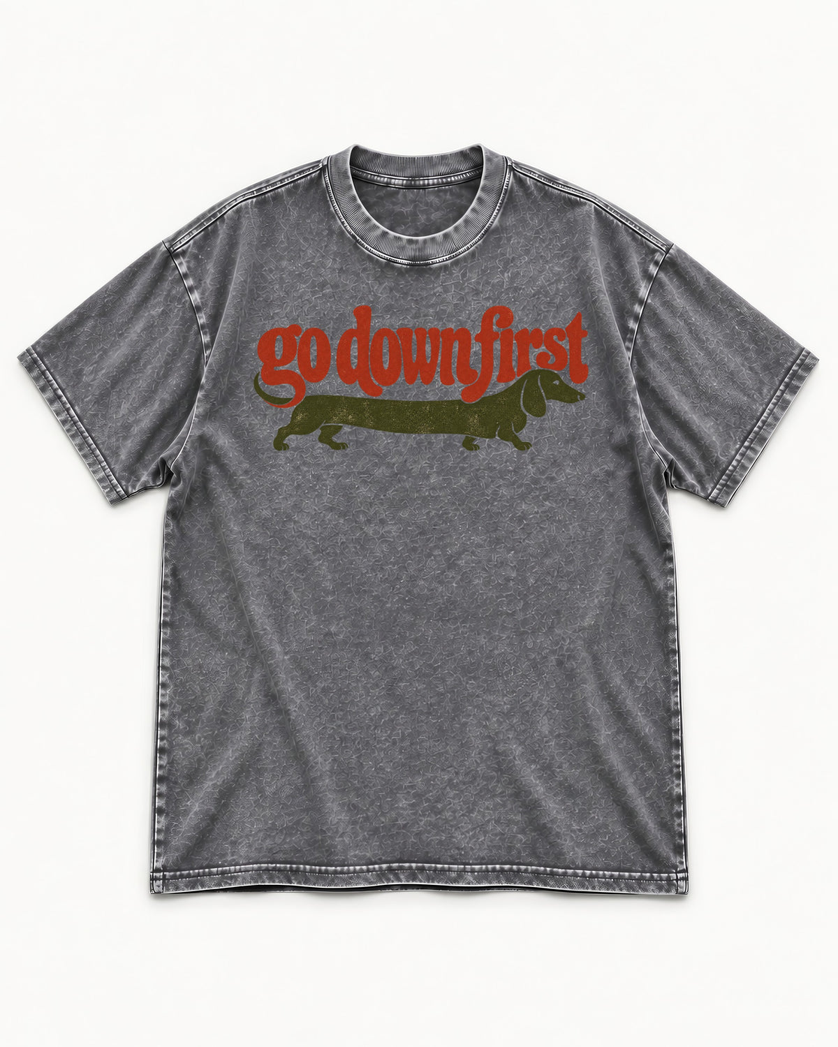 Dachshund Goes Down First Washed Tee in Gray, flat lay product photo