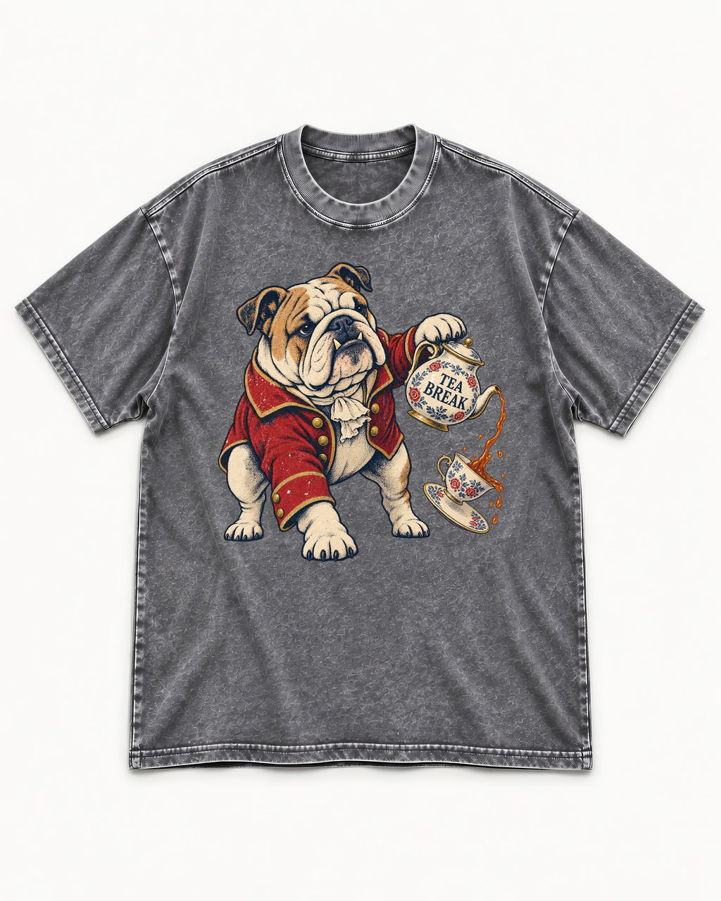 English Bulldog Tea Break Washed Tee in Gray, flat lay product photo