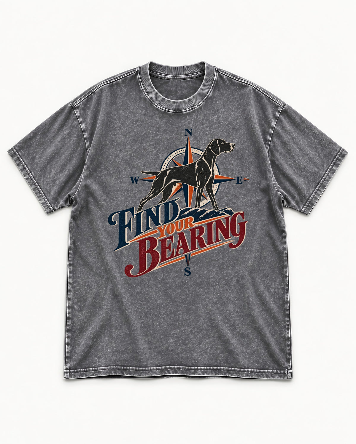 Find Your Bearing German Shorthaired Pointer Washed Tee in Gray, flat lay product photo