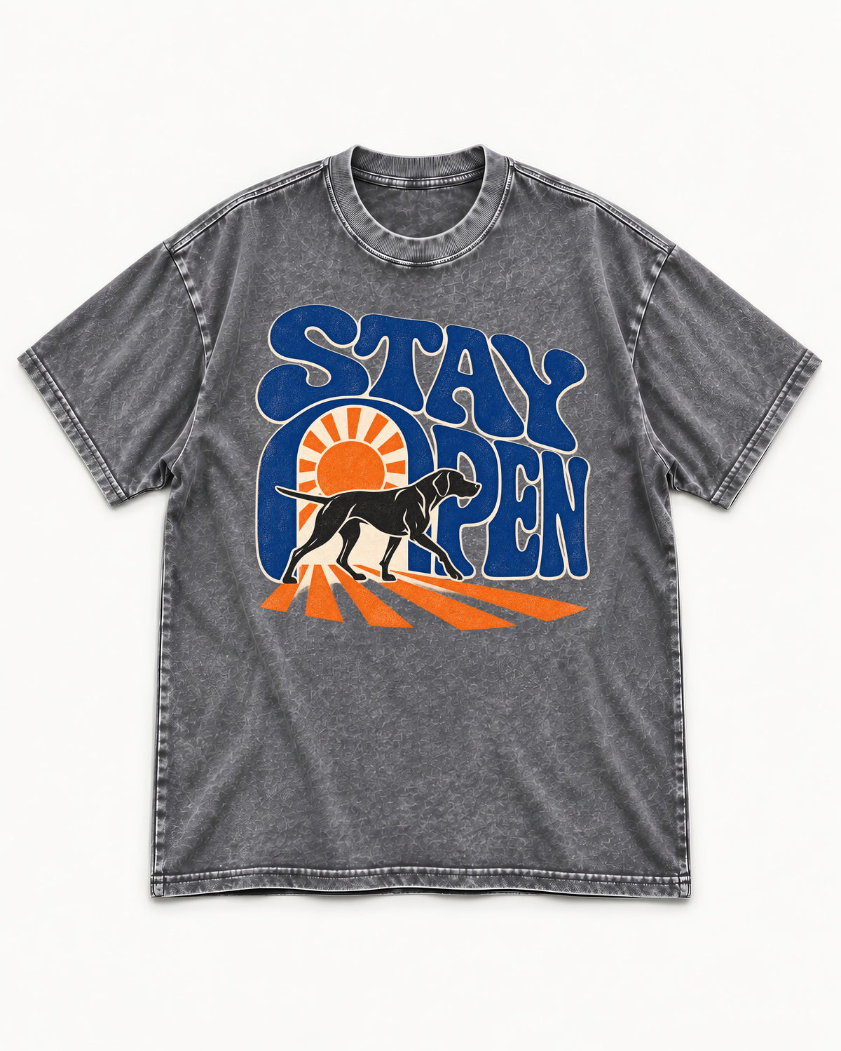 Stay Open German Shorthaired Pointer Washed Tee in Gray, flat lay product photo