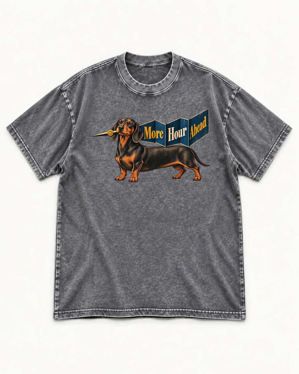 Dachshund More Hour Ahead Foldout Banner Graphic Washed Tee in Gray, flat lay product photo