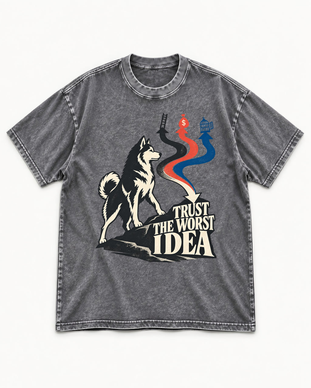 Trust the Worst Husky Idea Washed Tee in Gray, flat lay product photo