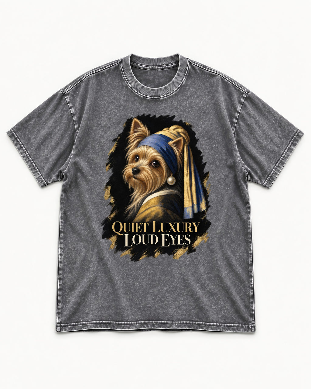 Yorkshire Terrier Quiet Luxury Loud Eyes Pearl Portrait Graphic Washed Tee in Gray, flat lay product photo