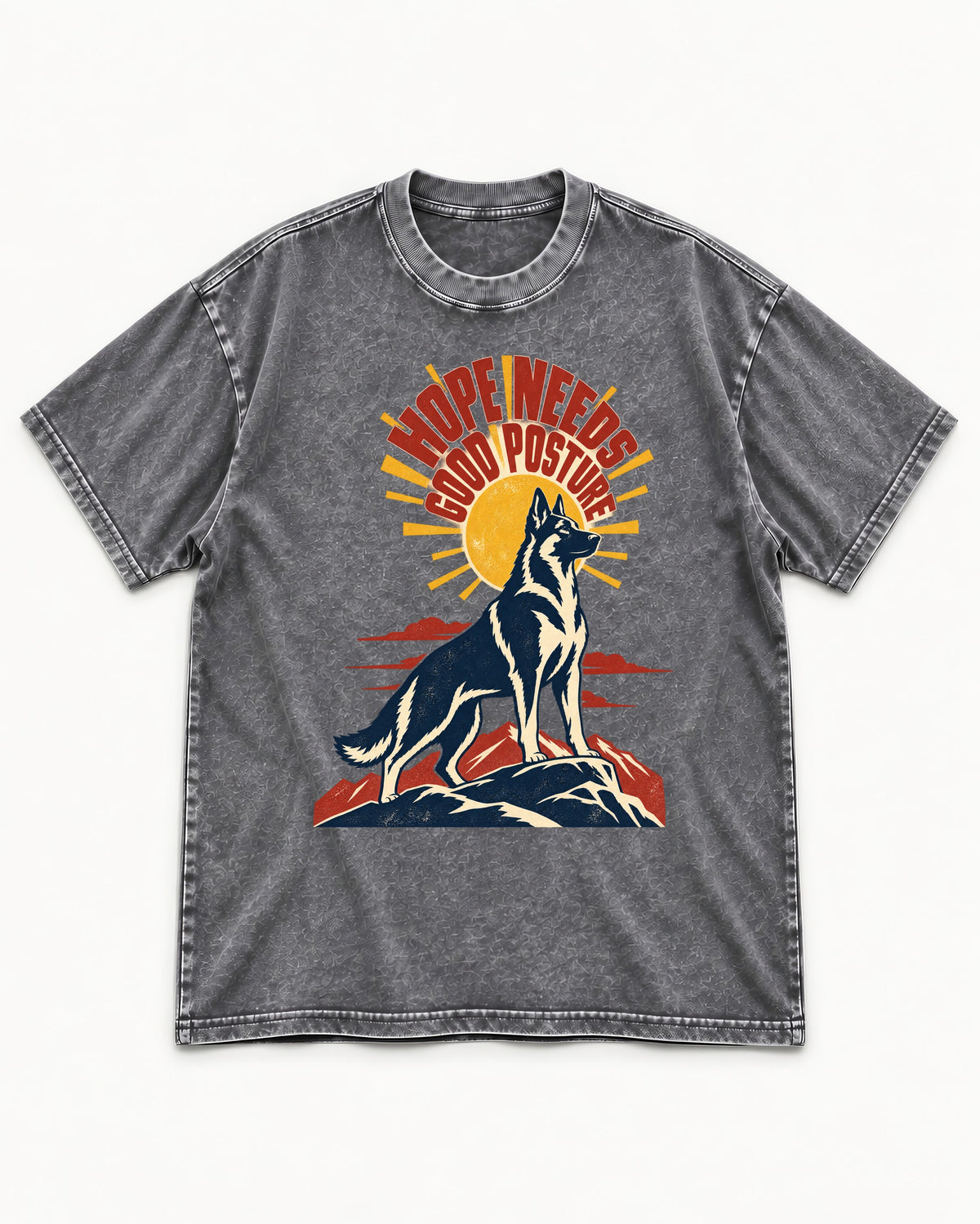 Hope Needs Good Posture German Shepherd Dog Washed Tee in Gray, flat lay product photo