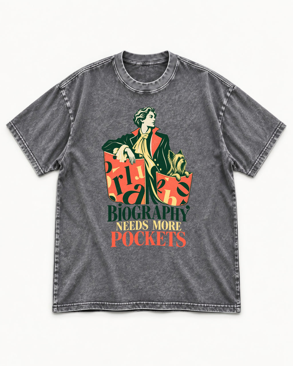 Yorkshire Terrier Biography Needs More Pockets Literary Portrait Graphic Washed Tee in Gray, flat lay product photo