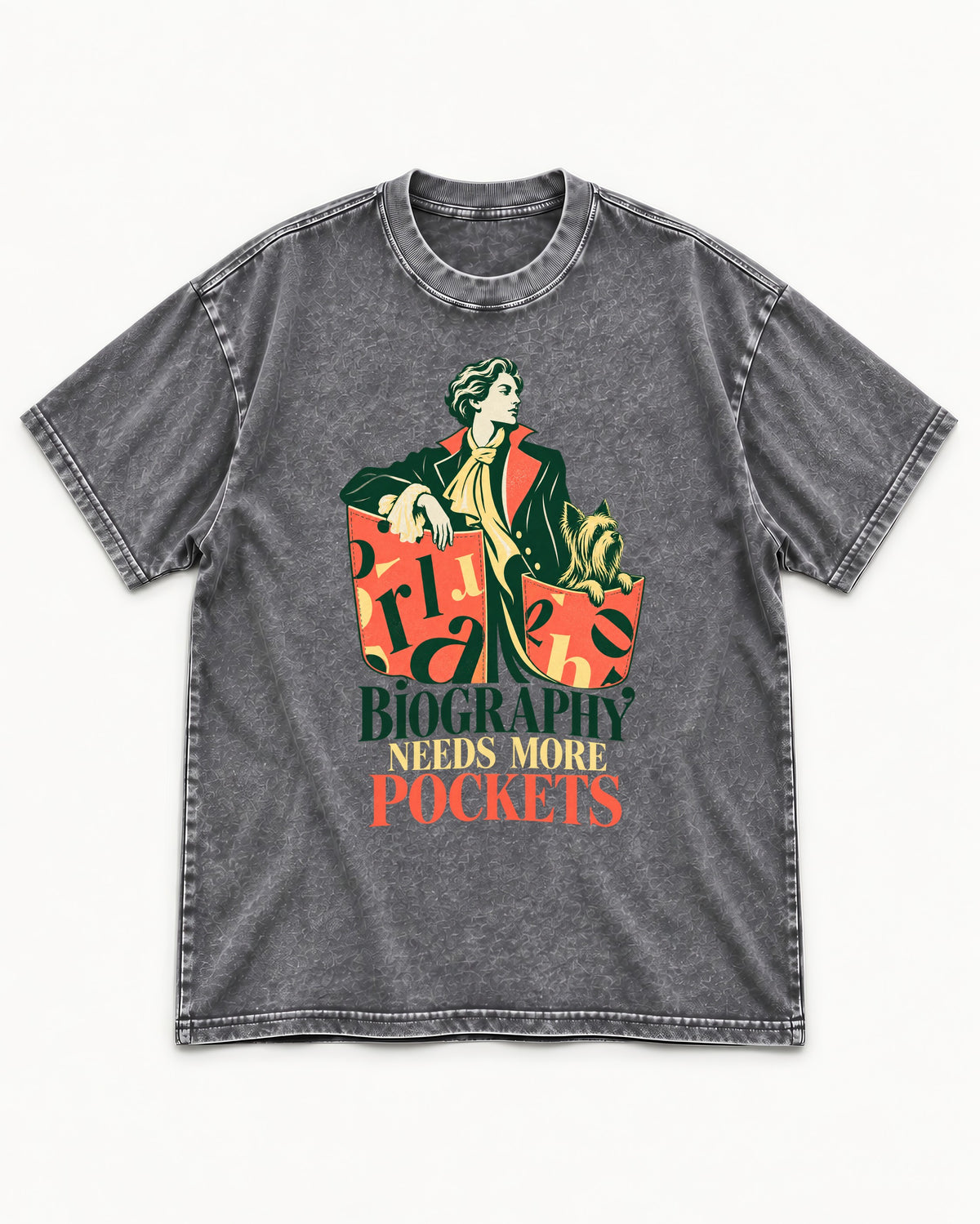Yorkshire Terrier Biography Needs More Pockets Literary Portrait Graphic Washed Tee in Gray, flat lay product photo