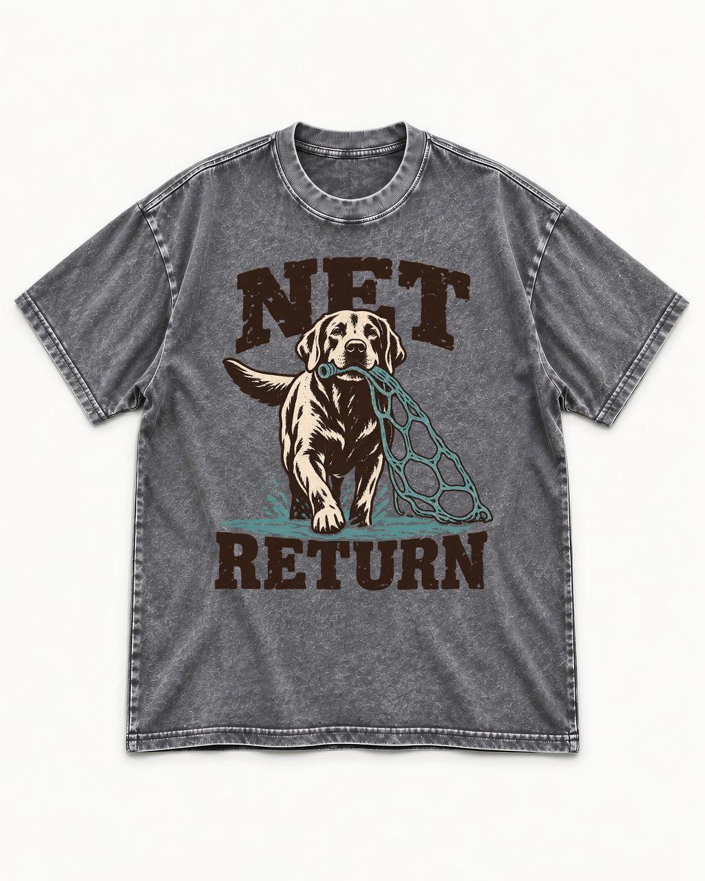 Net Return Labrador Retriever Washed Tee in Gray, flat lay product photo