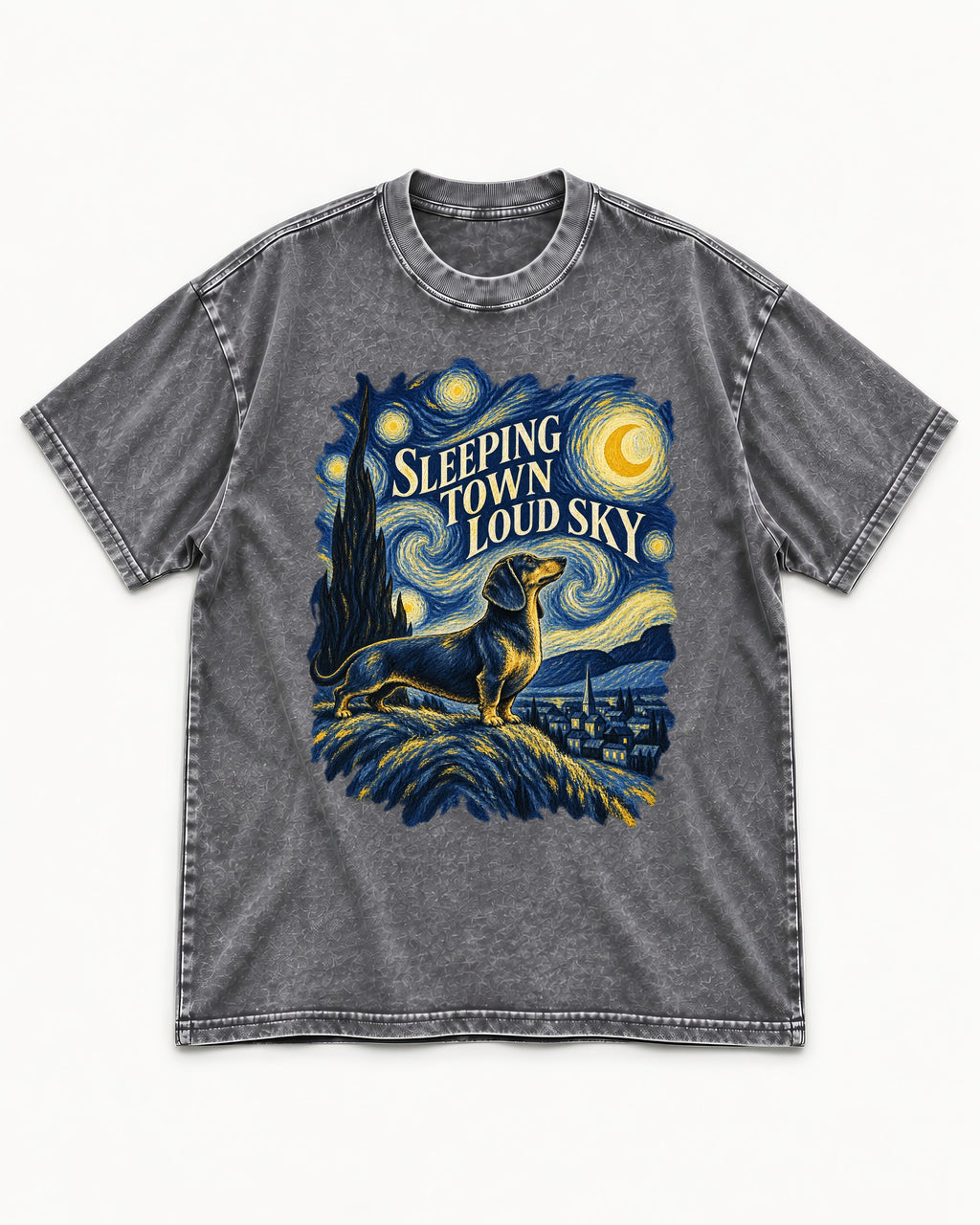 Dachshund Sleeping Town Loud Sky Starry Night Graphic Washed Tee in Gray, flat lay product photo
