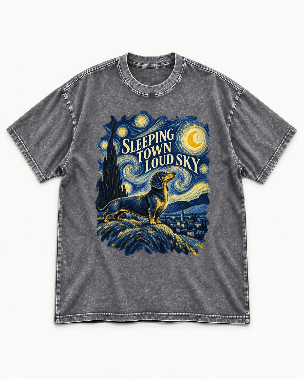 Dachshund Sleeping Town Loud Sky Starry Night Graphic Washed Tee in Gray, flat lay product photo