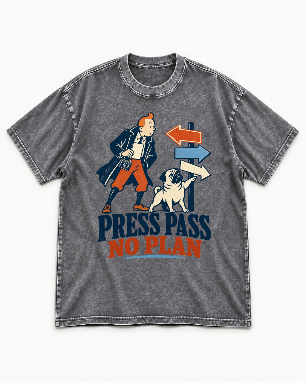 Pug Press Pass No Plan Washed Tee in Gray, flat lay product photo