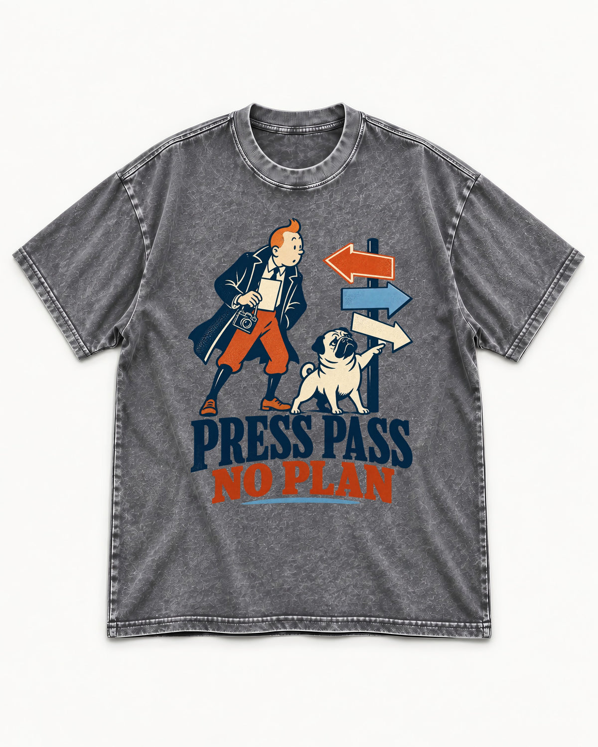 Pug Press Pass No Plan Washed Tee in Gray, flat lay product photo
