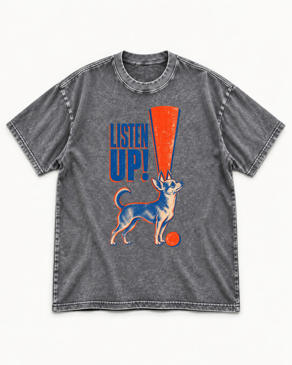 Listen Up Chihuahua Washed Tee in Gray, flat lay product photo