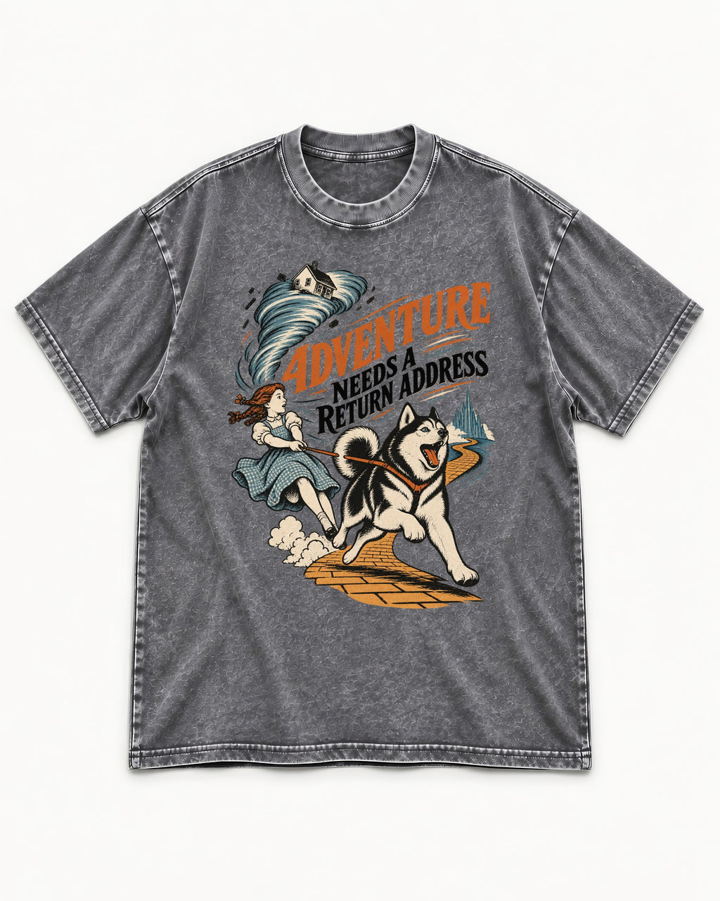 Husky Needs a Return Address Washed Tee in Gray, flat lay product photo