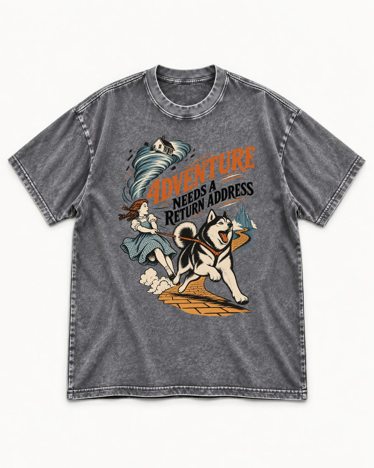 Husky Needs a Return Address Washed Tee in Gray, flat lay product photo